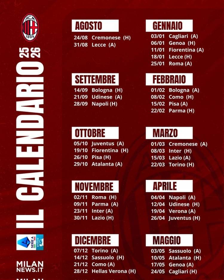 米兰25/26赛季意甲赛程：第12和28轮对阵国米，第6和34轮对阵尤文